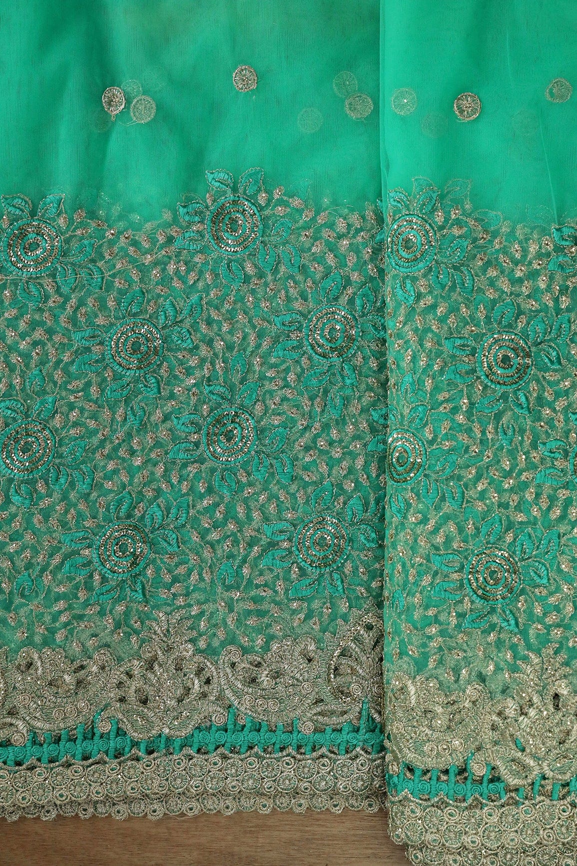 AIzaSyBcstauz-XMPRhEY21AUzeo032pxrXB5Ug - Big Width''56'' Mint Green Thread With Zari Floral Embroidery Work On Mint Green Soft Net Fabric With Border