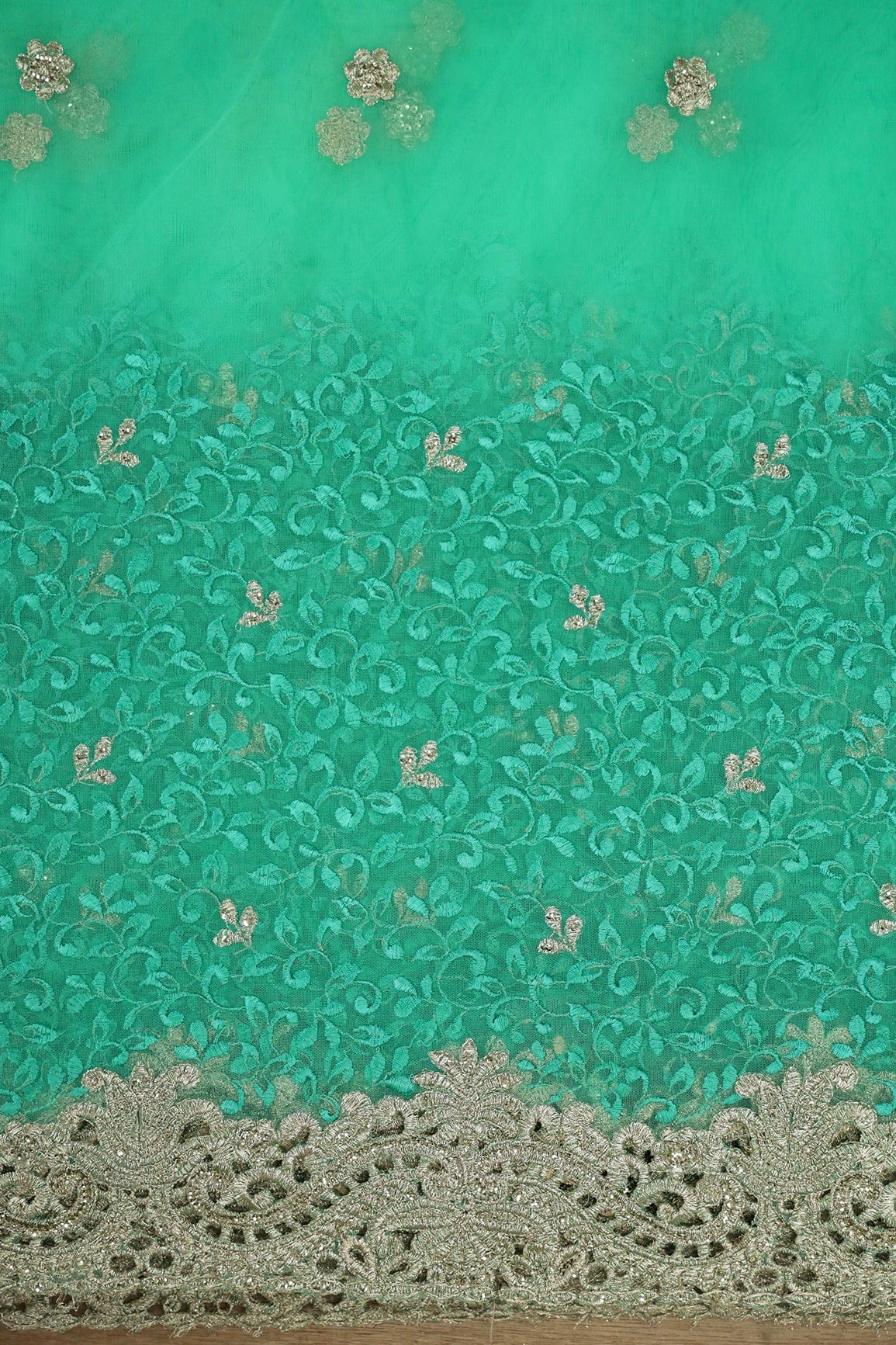AIzaSyBcstauz-XMPRhEY21AUzeo032pxrXB5Ug - Big Width''56'' Mint Green Thread With Zari Leafy Embroidery Work On Mint Green Soft Net Fabric With Border