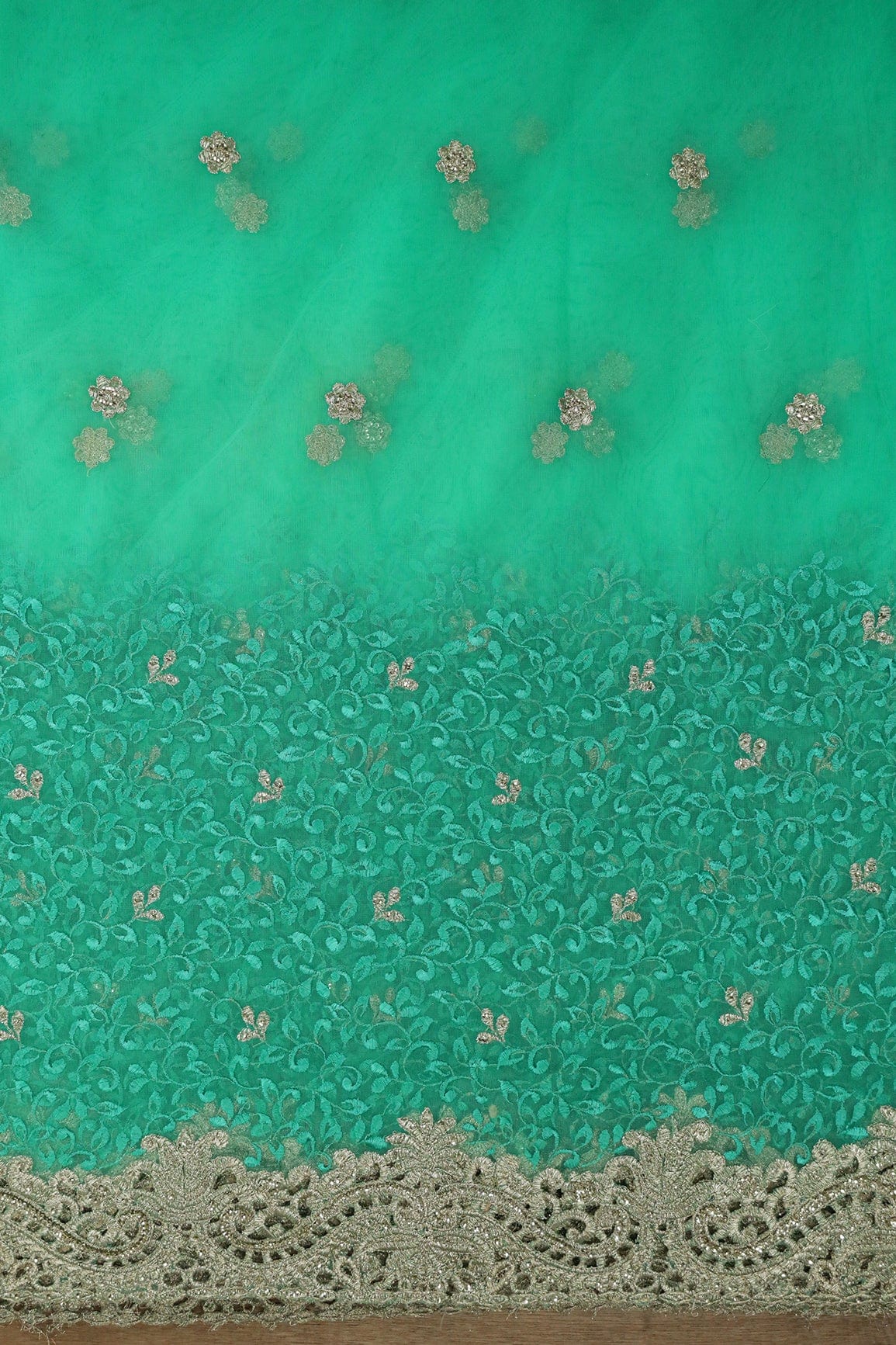 AIzaSyBcstauz-XMPRhEY21AUzeo032pxrXB5Ug - Big Width''56'' Mint Green Thread With Zari Leafy Embroidery Work On Mint Green Soft Net Fabric With Border