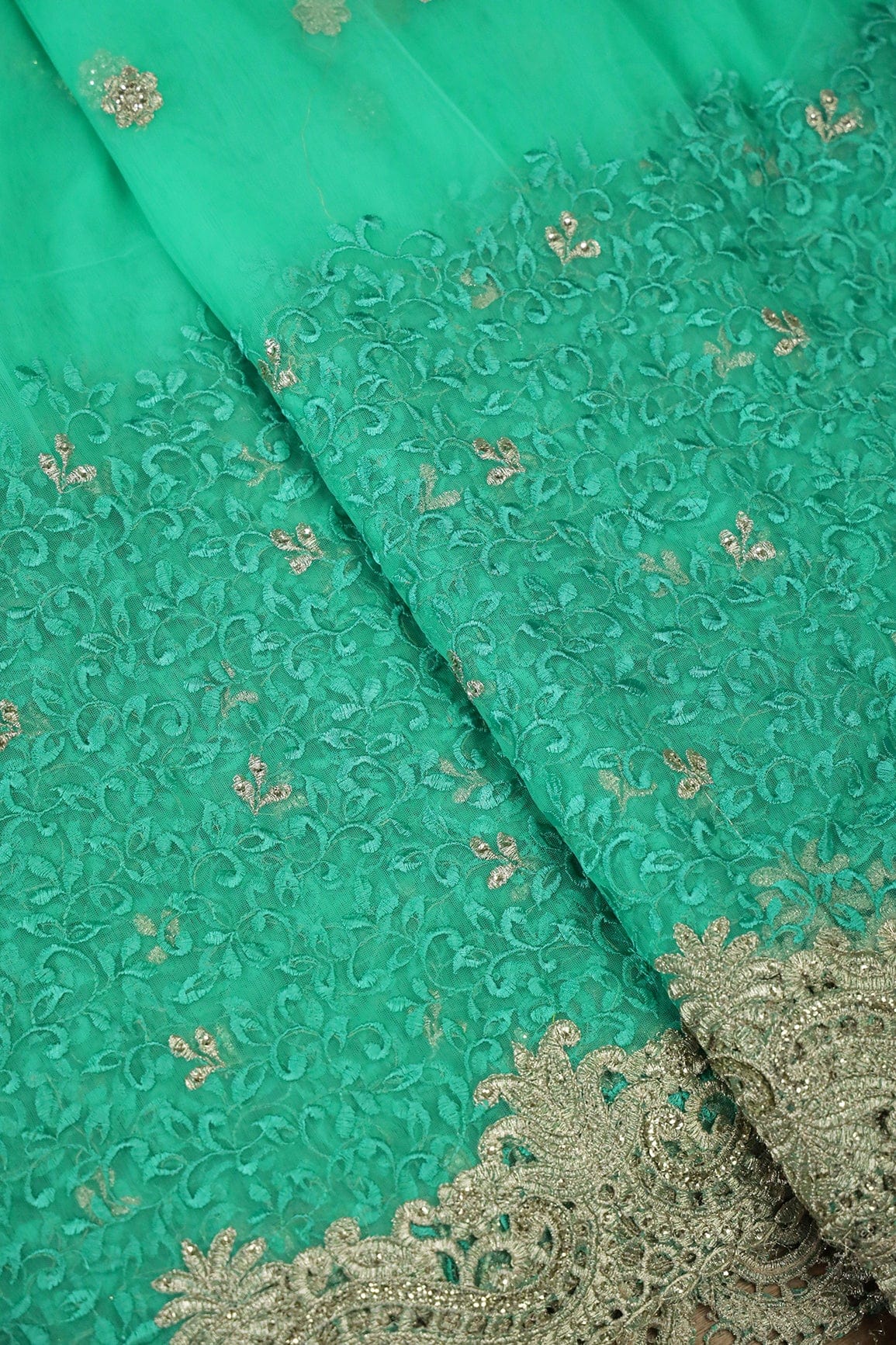 AIzaSyBcstauz-XMPRhEY21AUzeo032pxrXB5Ug - Big Width''56'' Mint Green Thread With Zari Leafy Embroidery Work On Mint Green Soft Net Fabric With Border
