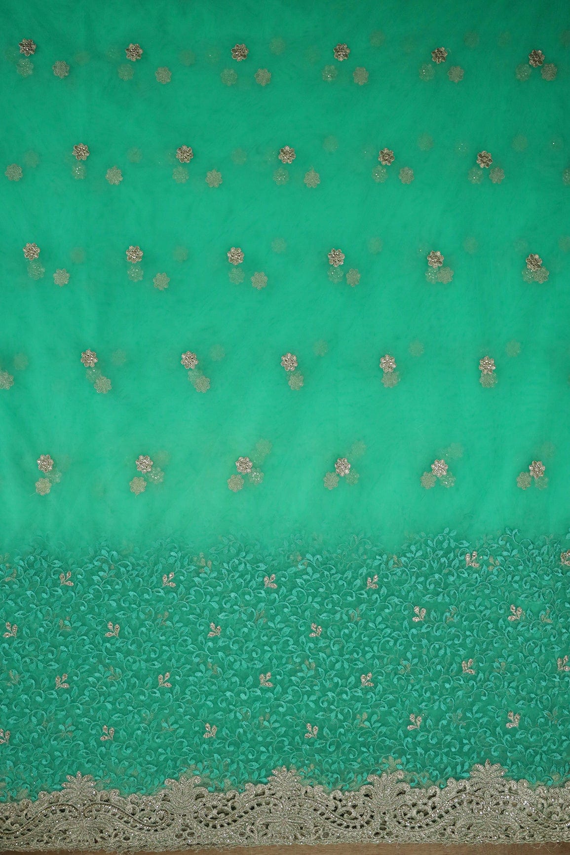AIzaSyBcstauz-XMPRhEY21AUzeo032pxrXB5Ug - Big Width''56'' Mint Green Thread With Zari Leafy Embroidery Work On Mint Green Soft Net Fabric With Border