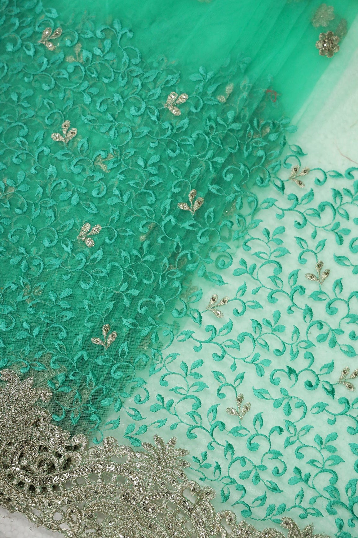 AIzaSyBcstauz-XMPRhEY21AUzeo032pxrXB5Ug - Big Width''56'' Mint Green Thread With Zari Leafy Embroidery Work On Mint Green Soft Net Fabric With Border