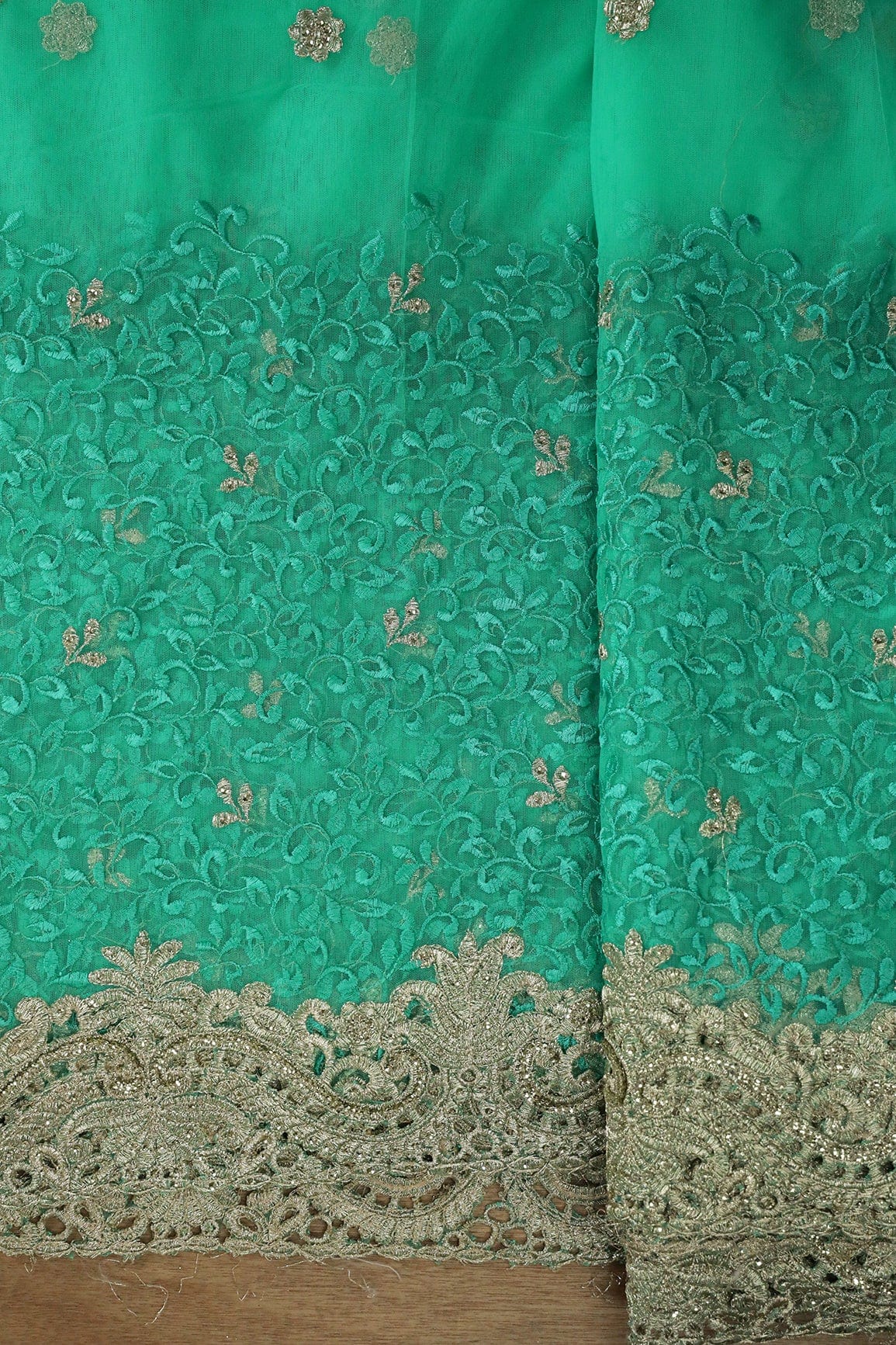 AIzaSyBcstauz-XMPRhEY21AUzeo032pxrXB5Ug - Big Width''56'' Mint Green Thread With Zari Leafy Embroidery Work On Mint Green Soft Net Fabric With Border