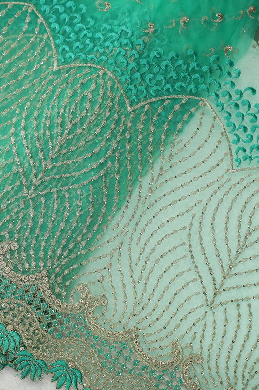 AIzaSyBcstauz-XMPRhEY21AUzeo032pxrXB5Ug - Big Width''56'' Mint Green Thread With Zari Traditional Embroidery Work On Mint Green Soft Net Fabric With Border