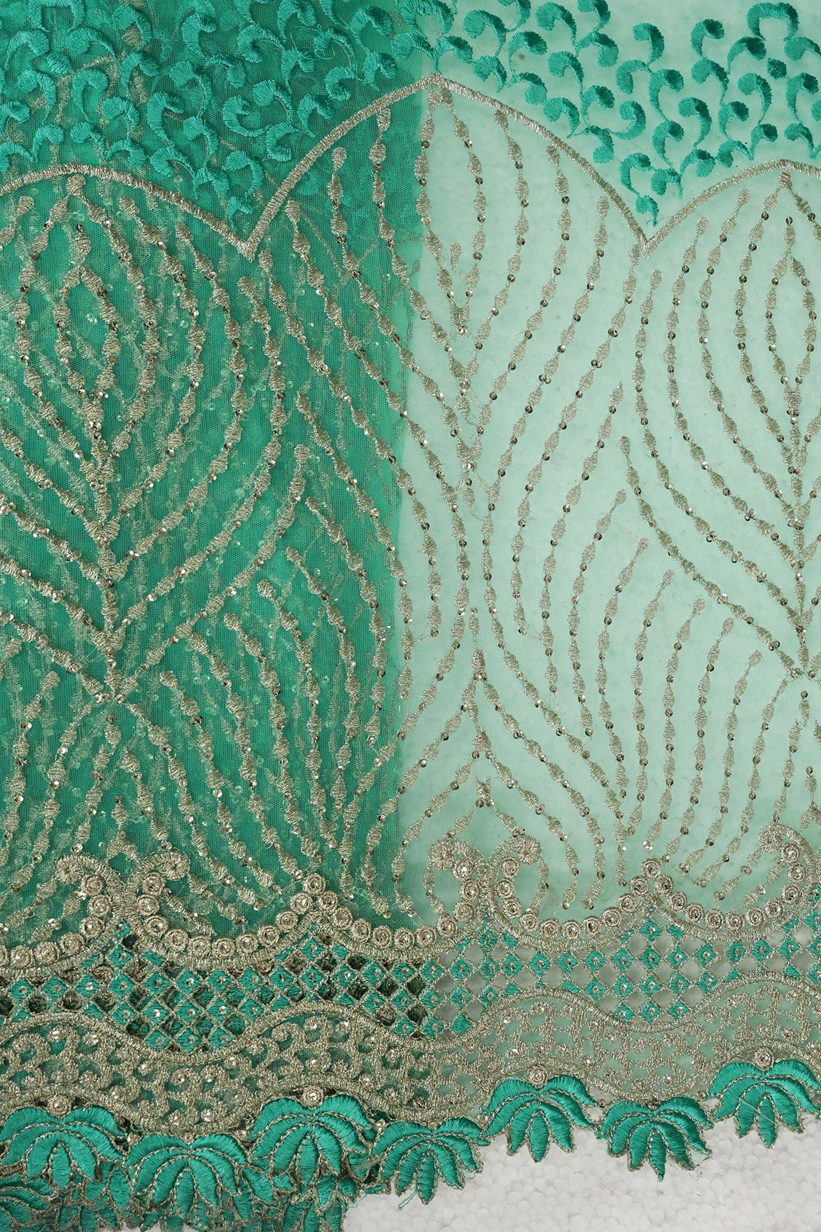 AIzaSyBcstauz-XMPRhEY21AUzeo032pxrXB5Ug - Big Width''56'' Mint Green Thread With Zari Traditional Embroidery Work On Mint Green Soft Net Fabric With Border
