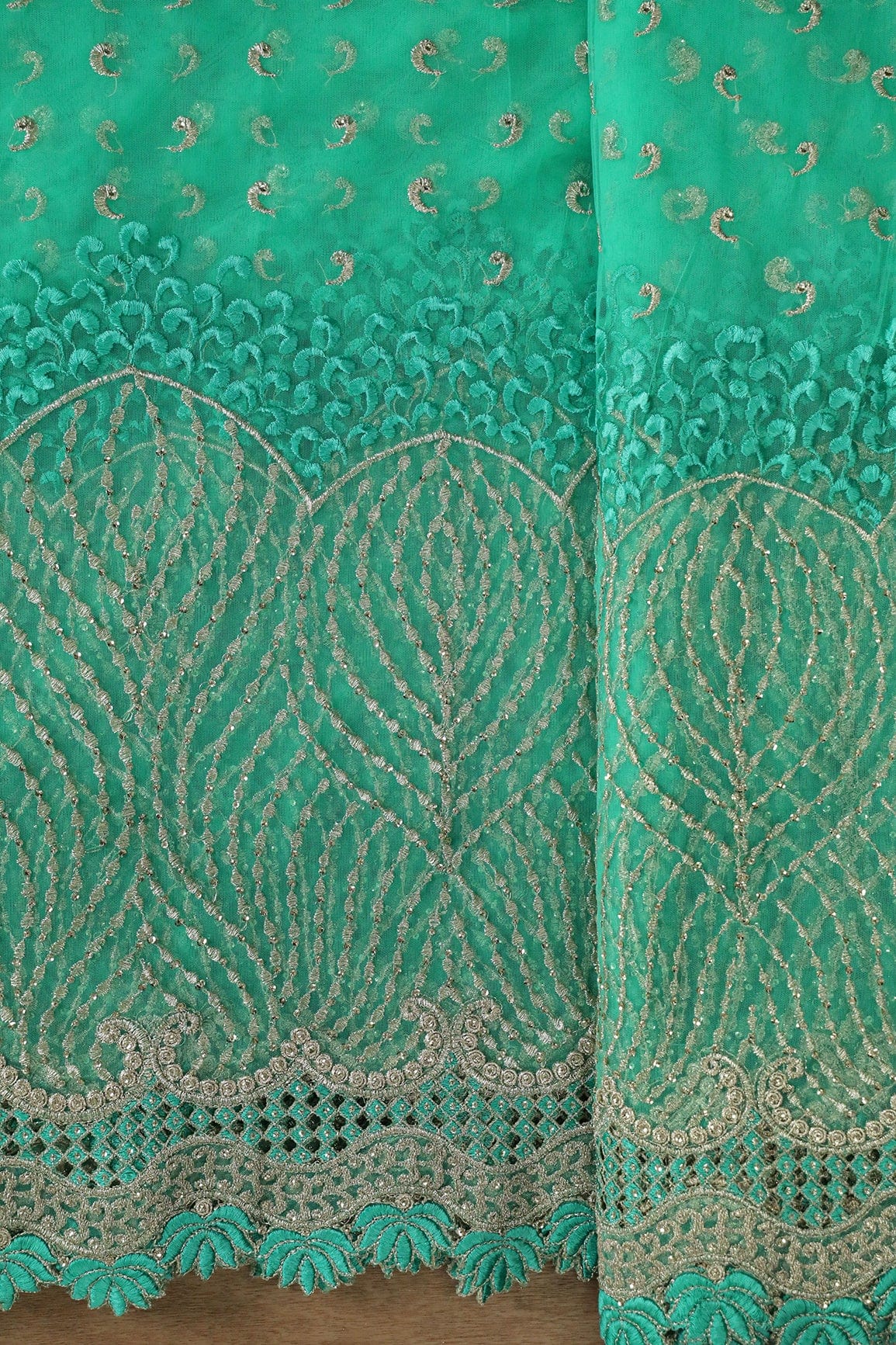 AIzaSyBcstauz-XMPRhEY21AUzeo032pxrXB5Ug - Big Width''56'' Mint Green Thread With Zari Traditional Embroidery Work On Mint Green Soft Net Fabric With Border