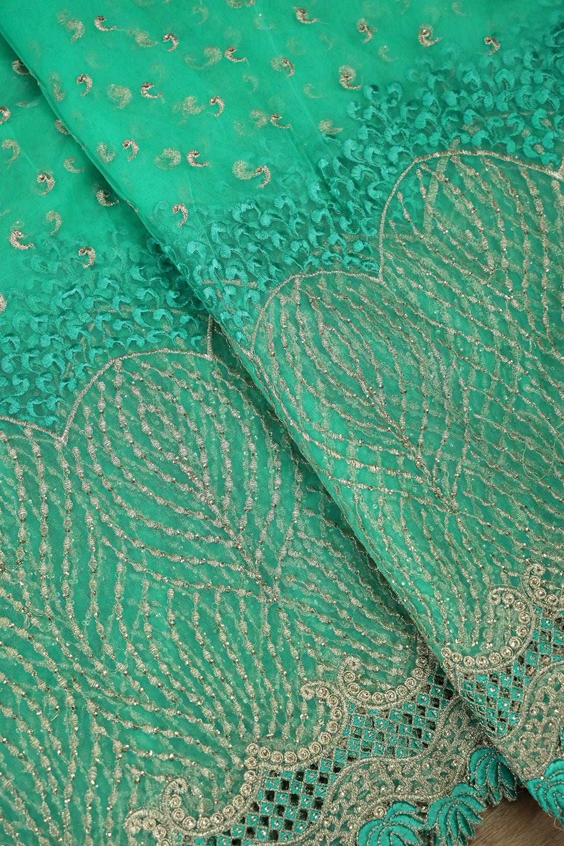 AIzaSyBcstauz-XMPRhEY21AUzeo032pxrXB5Ug - Big Width''56'' Mint Green Thread With Zari Traditional Embroidery Work On Mint Green Soft Net Fabric With Border