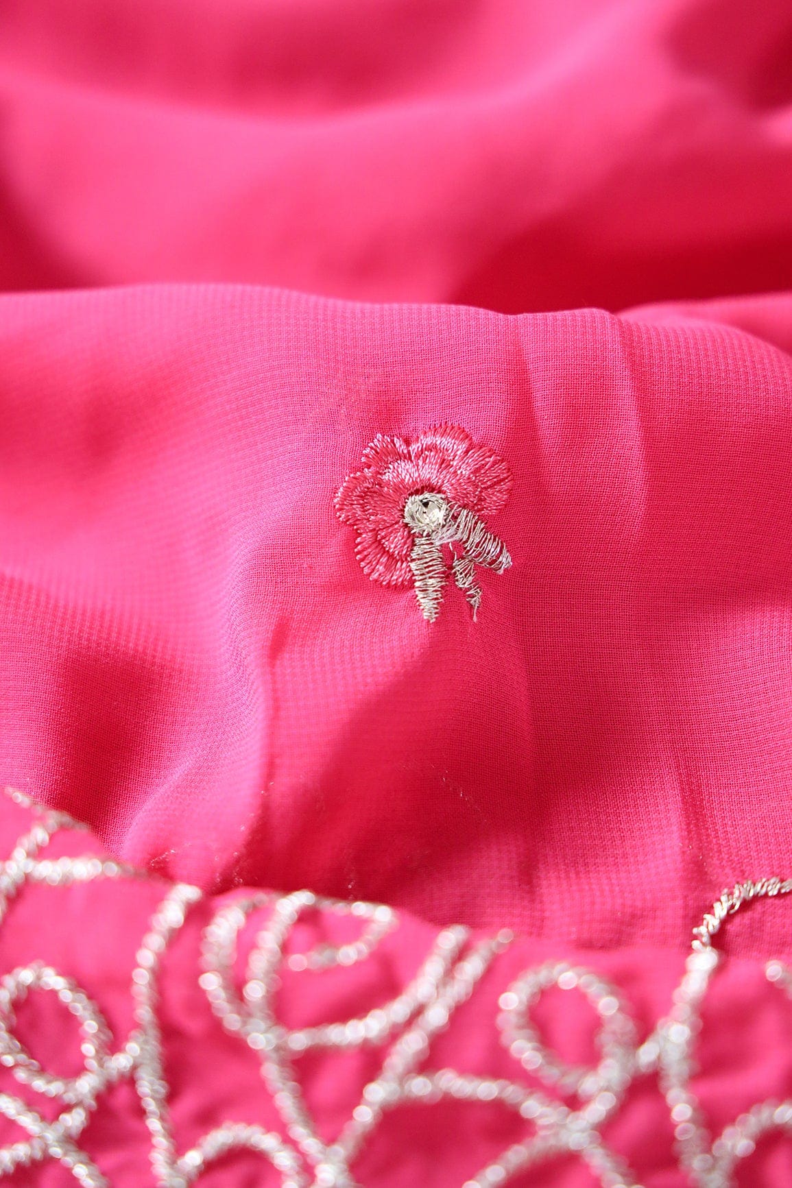 AIzaSyBcstauz-XMPRhEY21AUzeo032pxrXB5Ug - Big Width''56'' Pink Thread With Zari Floral Embroidery Work On Gajri Pink Georgette Fabric With Border