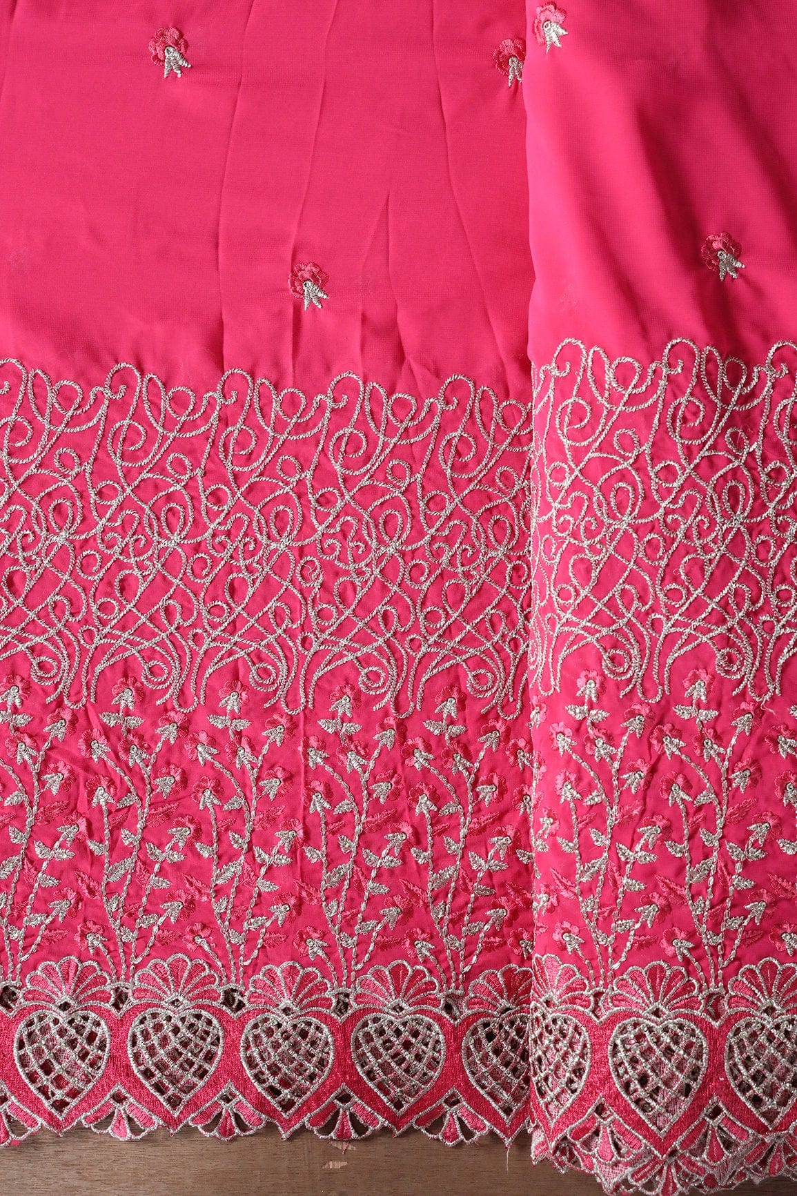 AIzaSyBcstauz-XMPRhEY21AUzeo032pxrXB5Ug - Big Width''56'' Pink Thread With Zari Floral Embroidery Work On Gajri Pink Georgette Fabric With Border