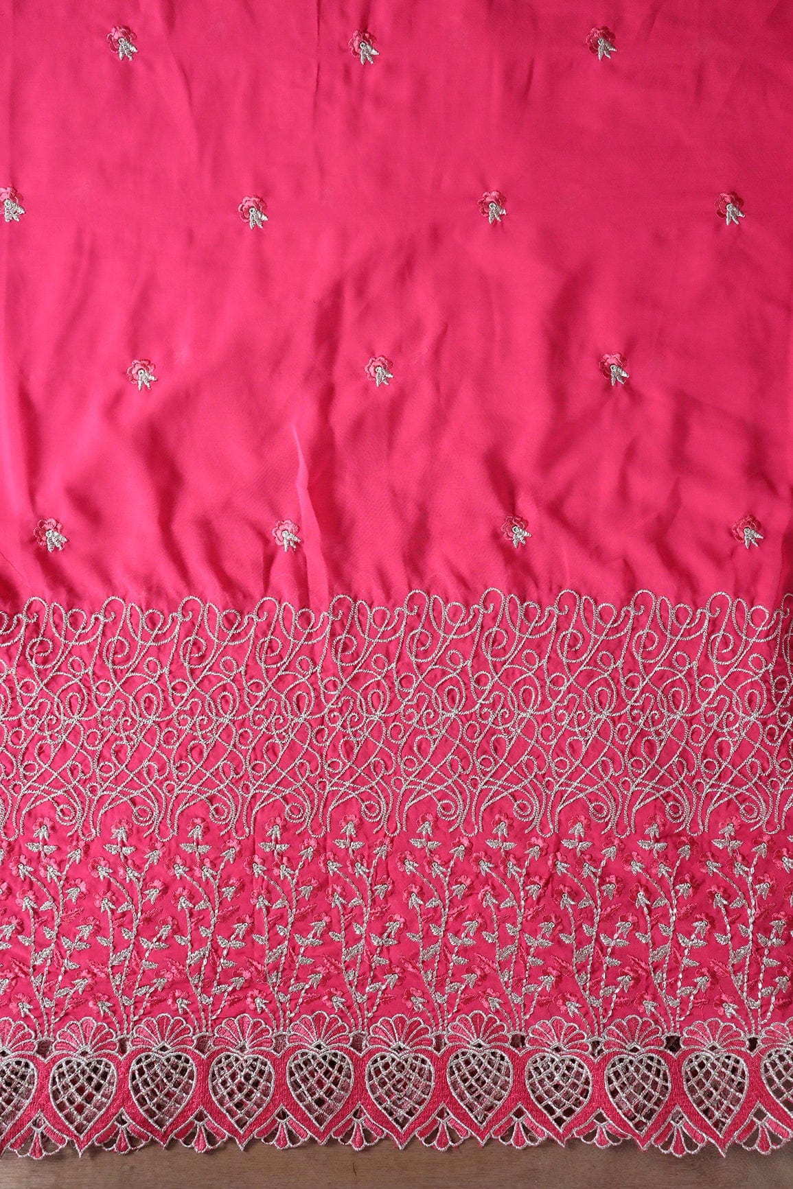 AIzaSyBcstauz-XMPRhEY21AUzeo032pxrXB5Ug - Big Width''56'' Pink Thread With Zari Floral Embroidery Work On Gajri Pink Georgette Fabric With Border