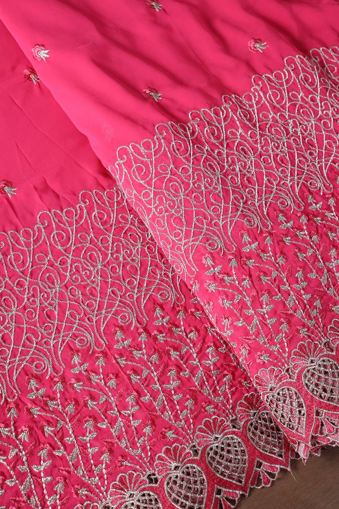 AIzaSyBcstauz-XMPRhEY21AUzeo032pxrXB5Ug - Big Width''56'' Pink Thread With Zari Floral Embroidery Work On Gajri Pink Georgette Fabric With Border