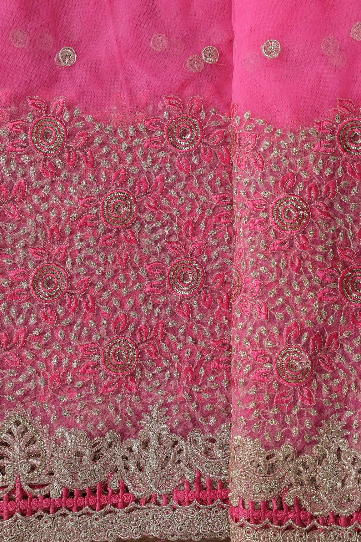 AIzaSyBcstauz-XMPRhEY21AUzeo032pxrXB5Ug - Big Width''56'' Pink Thread With Zari Floral Embroidery Work On Pink Soft Net Fabric With Border
