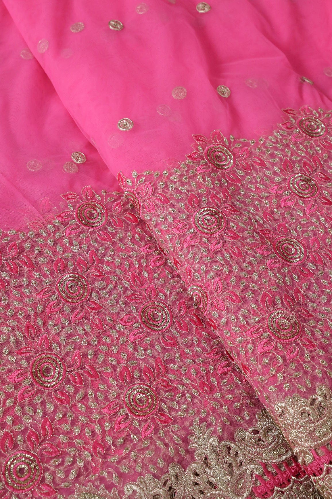 AIzaSyBcstauz-XMPRhEY21AUzeo032pxrXB5Ug - Big Width''56'' Pink Thread With Zari Floral Embroidery Work On Pink Soft Net Fabric With Border
