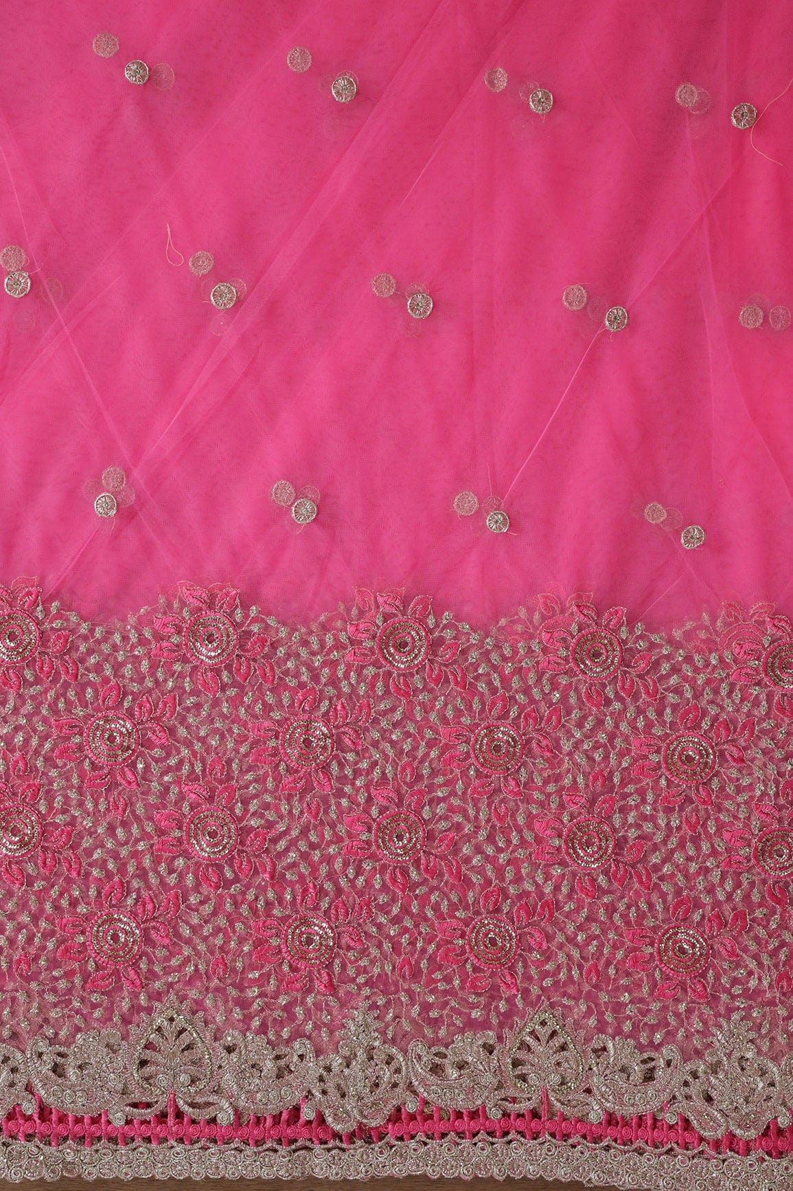 AIzaSyBcstauz-XMPRhEY21AUzeo032pxrXB5Ug - Big Width''56'' Pink Thread With Zari Floral Embroidery Work On Pink Soft Net Fabric With Border