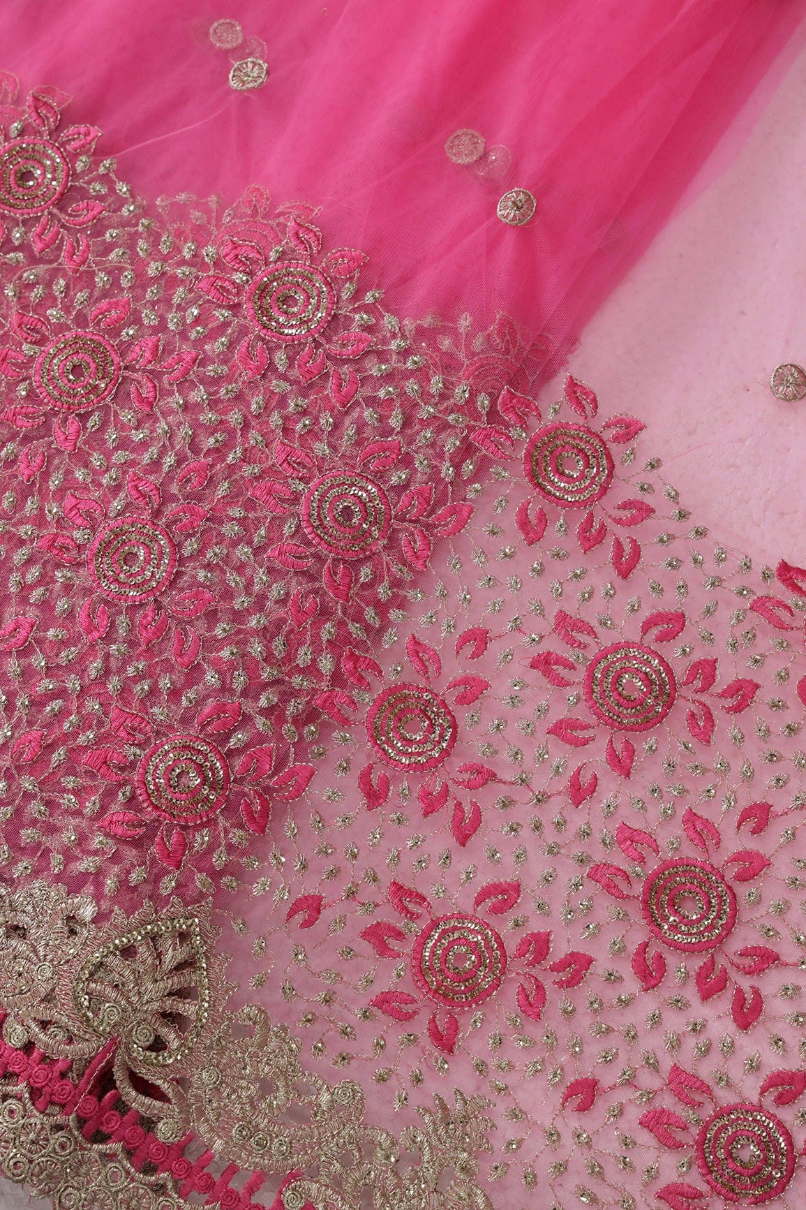 AIzaSyBcstauz-XMPRhEY21AUzeo032pxrXB5Ug - Big Width''56'' Pink Thread With Zari Floral Embroidery Work On Pink Soft Net Fabric With Border