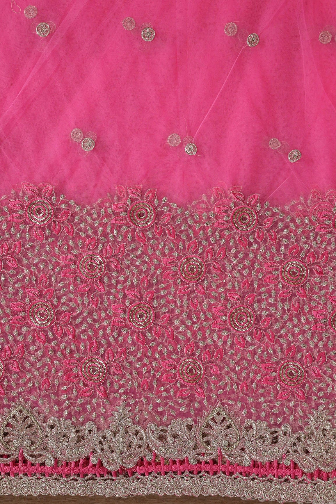 AIzaSyBcstauz-XMPRhEY21AUzeo032pxrXB5Ug - Big Width''56'' Pink Thread With Zari Floral Embroidery Work On Pink Soft Net Fabric With Border