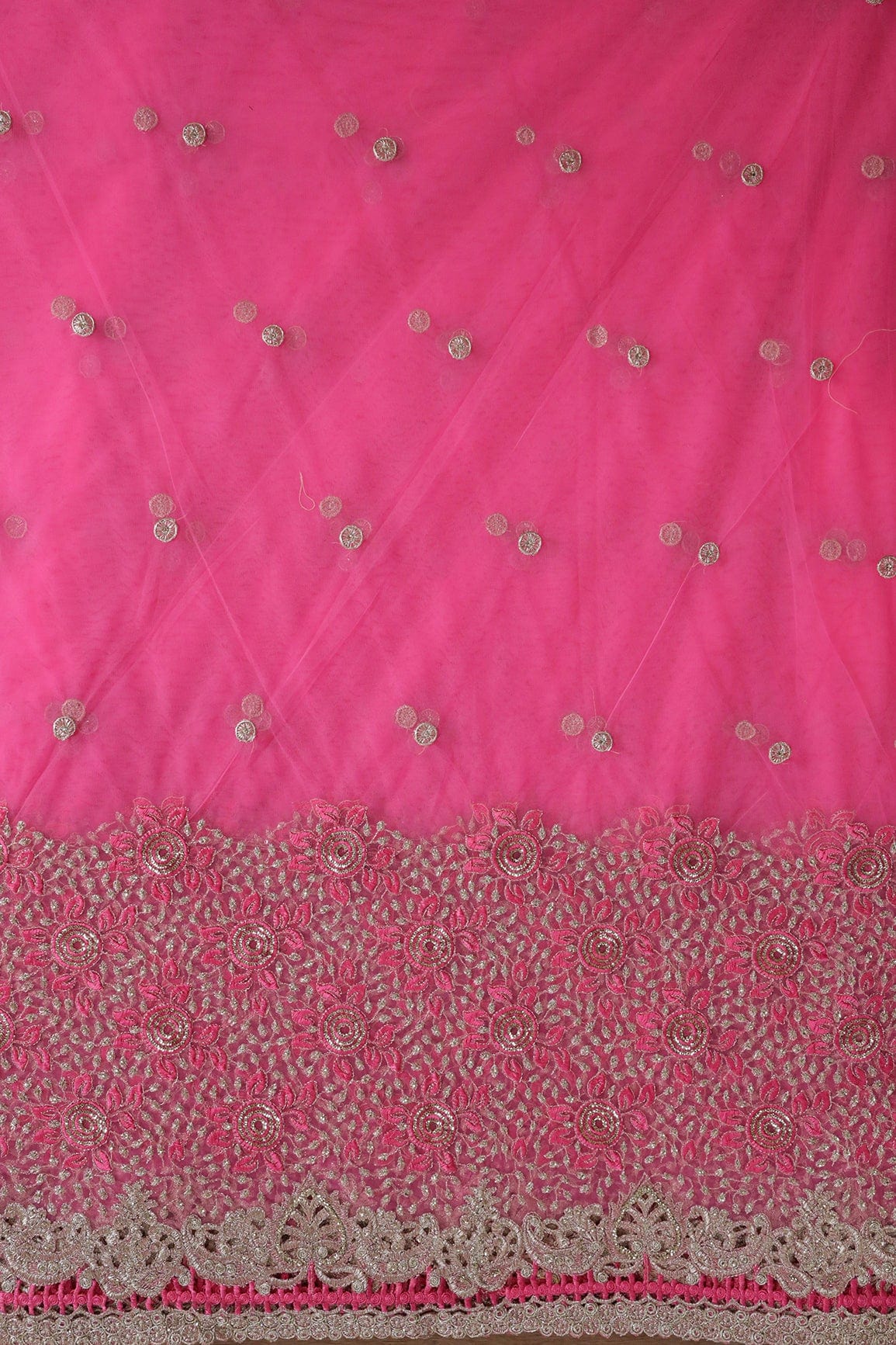 AIzaSyBcstauz-XMPRhEY21AUzeo032pxrXB5Ug - Big Width''56'' Pink Thread With Zari Floral Embroidery Work On Pink Soft Net Fabric With Border