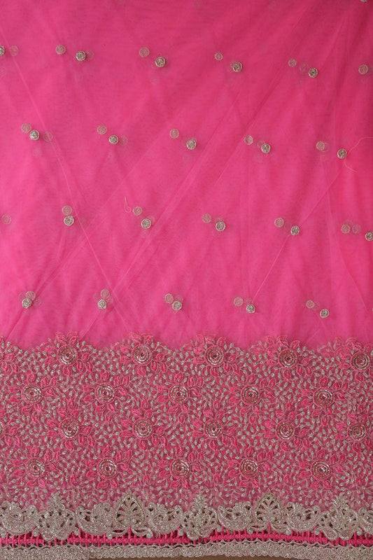 AIzaSyBcstauz-XMPRhEY21AUzeo032pxrXB5Ug - Big Width''56'' Pink Thread With Zari Floral Embroidery Work On Pink Soft Net Fabric With Border
