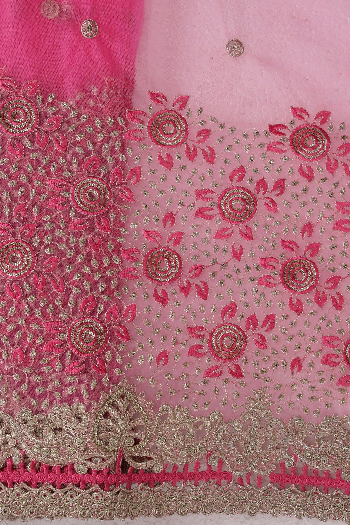 AIzaSyBcstauz-XMPRhEY21AUzeo032pxrXB5Ug - Big Width''56'' Pink Thread With Zari Floral Embroidery Work On Pink Soft Net Fabric With Border