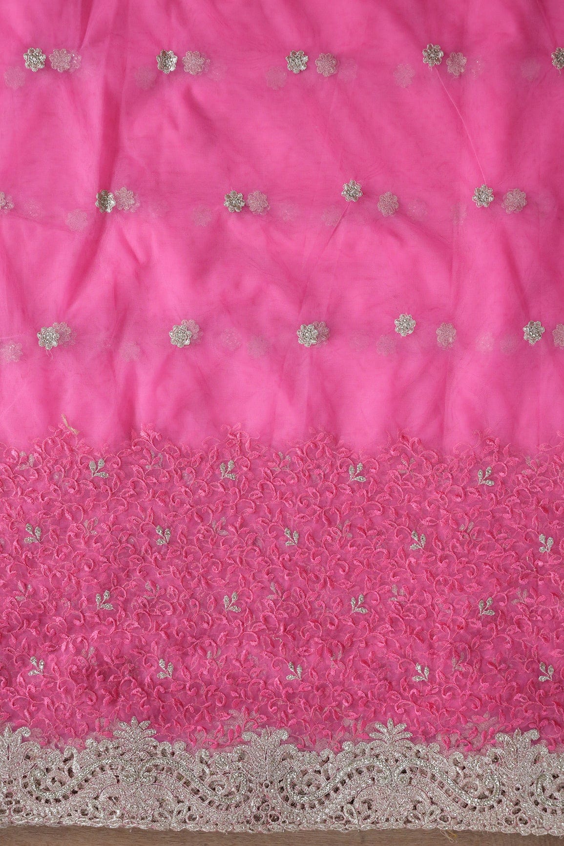 AIzaSyBcstauz-XMPRhEY21AUzeo032pxrXB5Ug - Big Width''56'' Pink Thread With Zari Leafy Embroidery Work On Pink Soft Net Fabric With Border