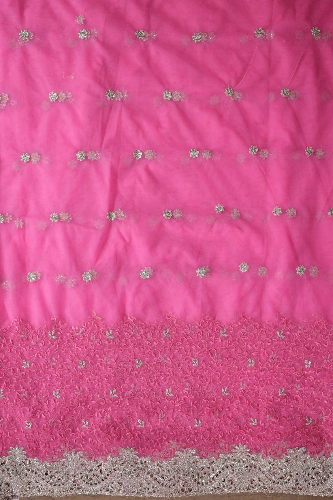 AIzaSyBcstauz-XMPRhEY21AUzeo032pxrXB5Ug - Big Width''56'' Pink Thread With Zari Leafy Embroidery Work On Pink Soft Net Fabric With Border