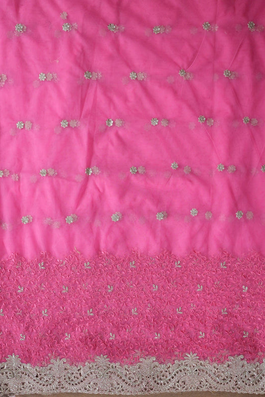 AIzaSyBcstauz-XMPRhEY21AUzeo032pxrXB5Ug - Big Width''56'' Pink Thread With Zari Leafy Embroidery Work On Pink Soft Net Fabric With Border