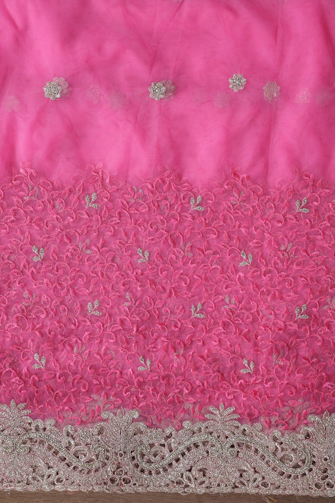 AIzaSyBcstauz-XMPRhEY21AUzeo032pxrXB5Ug - Big Width''56'' Pink Thread With Zari Leafy Embroidery Work On Pink Soft Net Fabric With Border