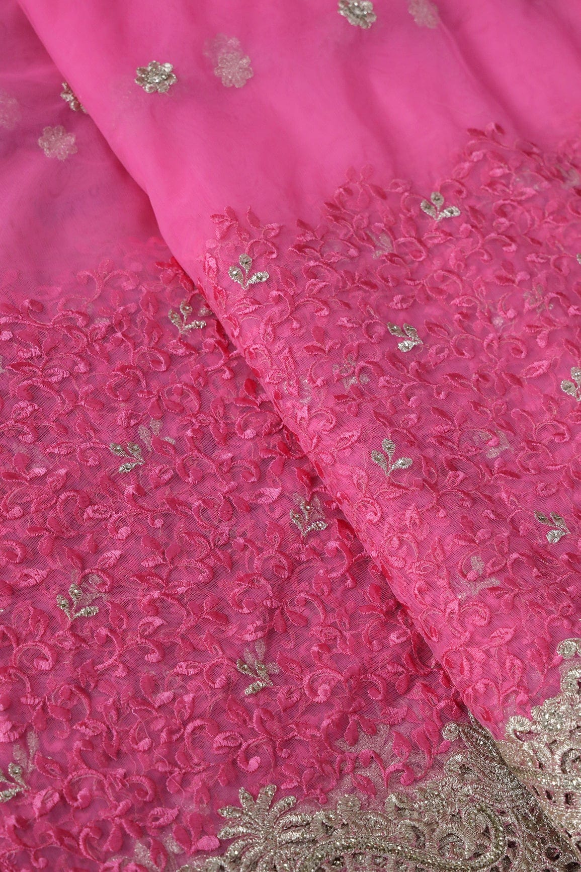AIzaSyBcstauz-XMPRhEY21AUzeo032pxrXB5Ug - Big Width''56'' Pink Thread With Zari Leafy Embroidery Work On Pink Soft Net Fabric With Border