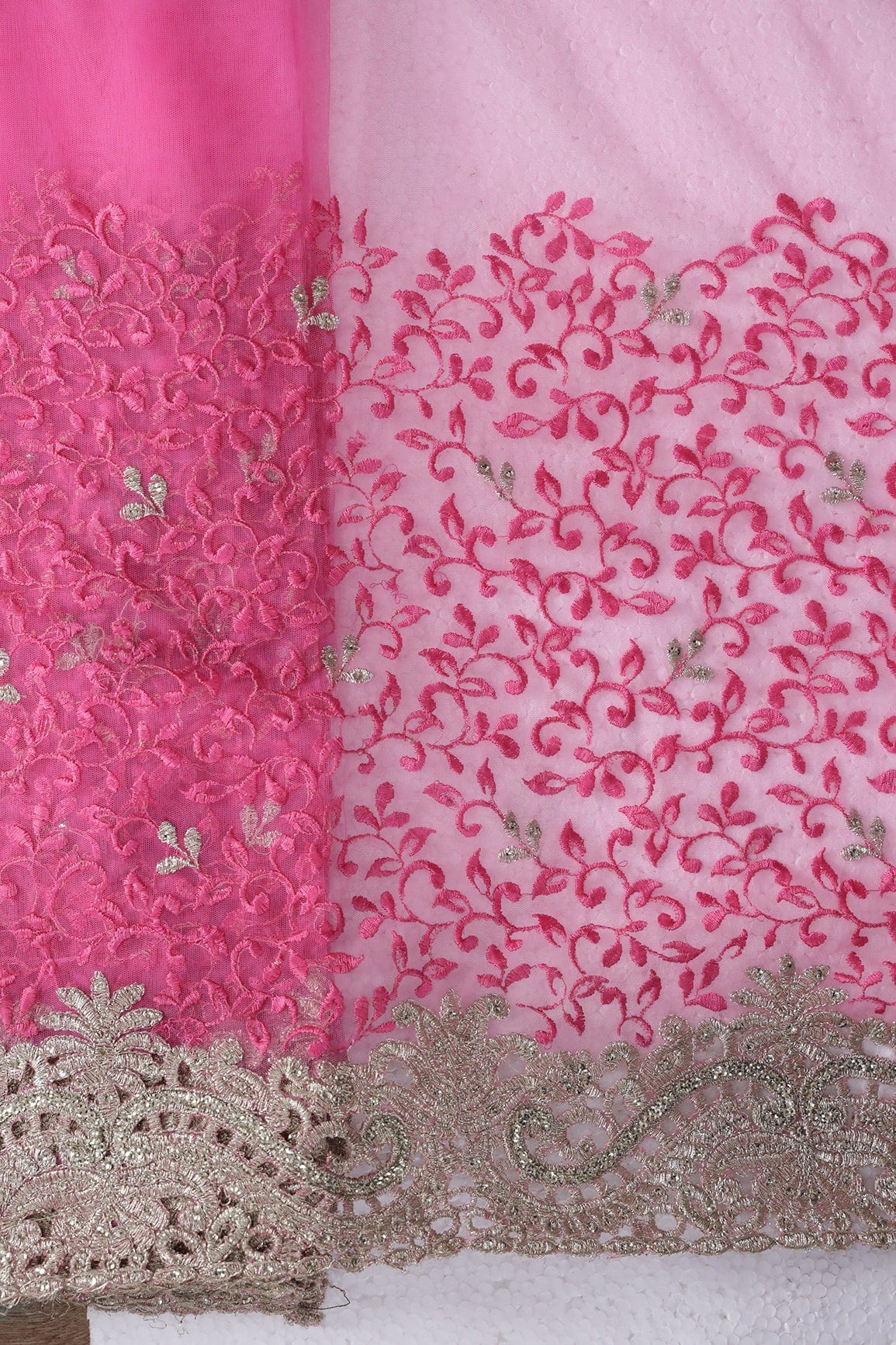 AIzaSyBcstauz-XMPRhEY21AUzeo032pxrXB5Ug - Big Width''56'' Pink Thread With Zari Leafy Embroidery Work On Pink Soft Net Fabric With Border