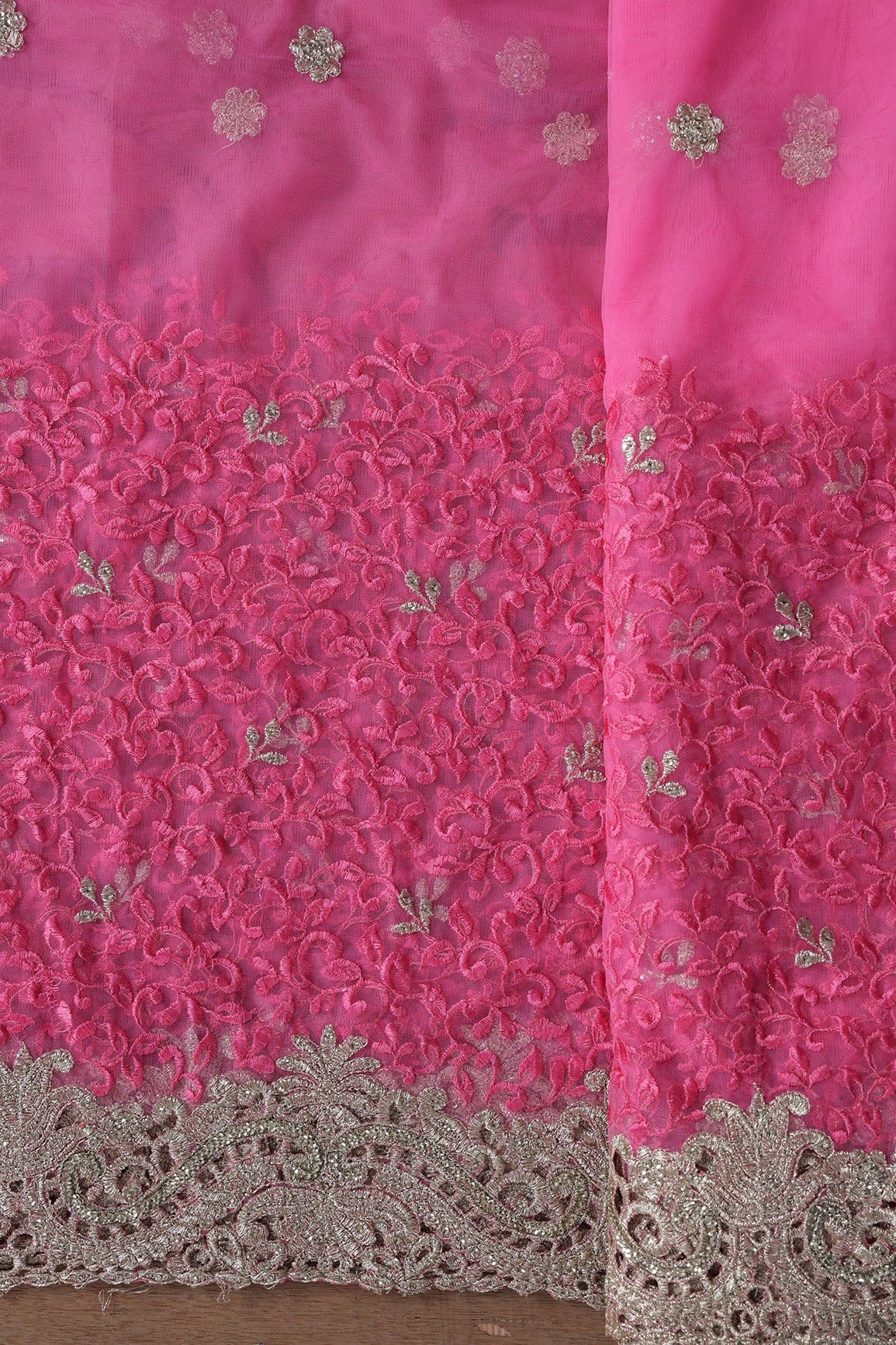 AIzaSyBcstauz-XMPRhEY21AUzeo032pxrXB5Ug - Big Width''56'' Pink Thread With Zari Leafy Embroidery Work On Pink Soft Net Fabric With Border