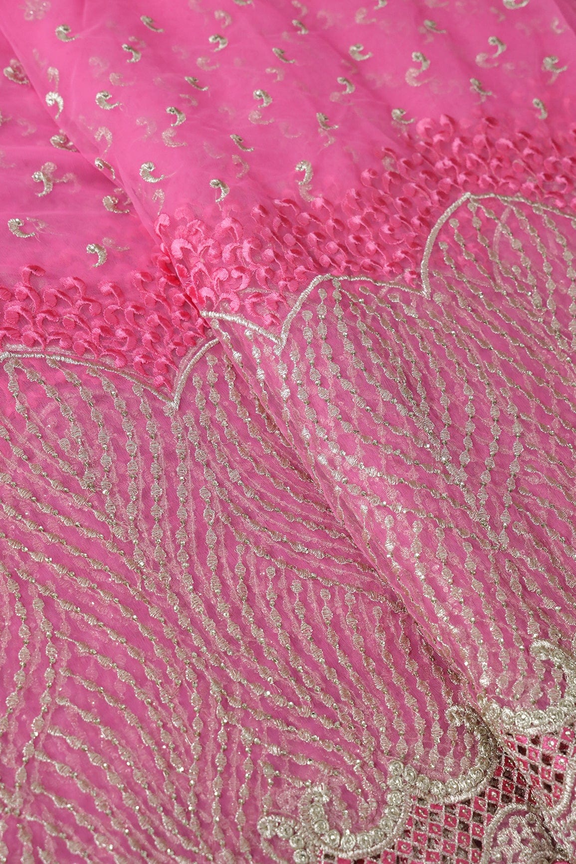 AIzaSyBcstauz-XMPRhEY21AUzeo032pxrXB5Ug - Big Width''56'' Pink Thread With Zari Traditional Embroidery Work On Pink Soft Net Fabric With Border