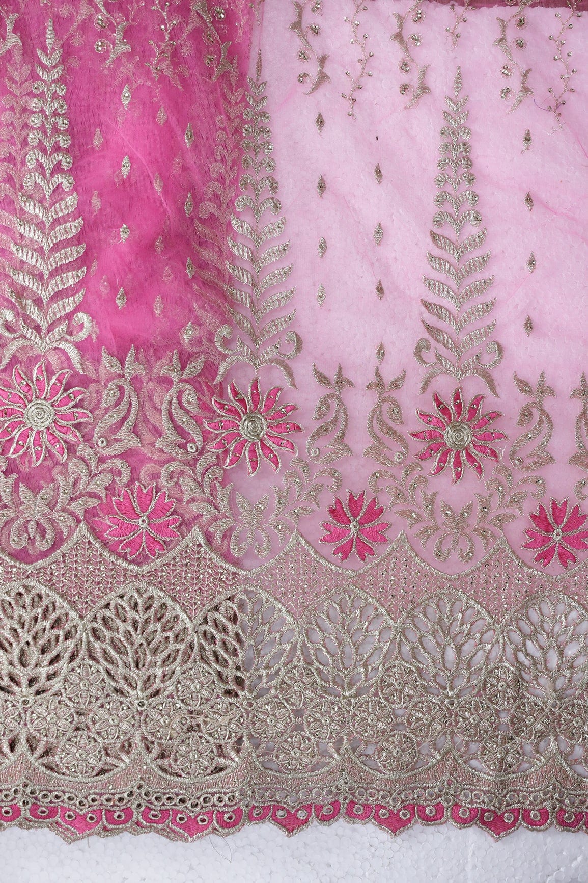 AIzaSyBcstauz-XMPRhEY21AUzeo032pxrXB5Ug - Big Width''56'' Pink Thread With Zari Traditional Embroidery Work On Pink Soft Net Fabric With Border