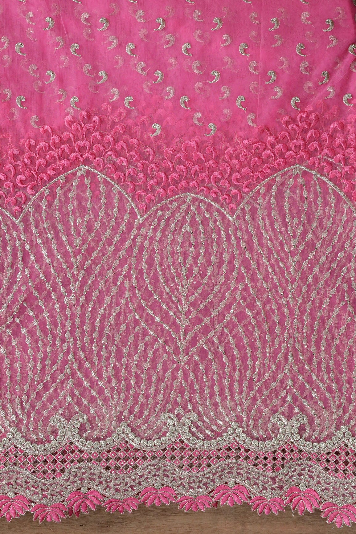 AIzaSyBcstauz-XMPRhEY21AUzeo032pxrXB5Ug - Big Width''56'' Pink Thread With Zari Traditional Embroidery Work On Pink Soft Net Fabric With Border