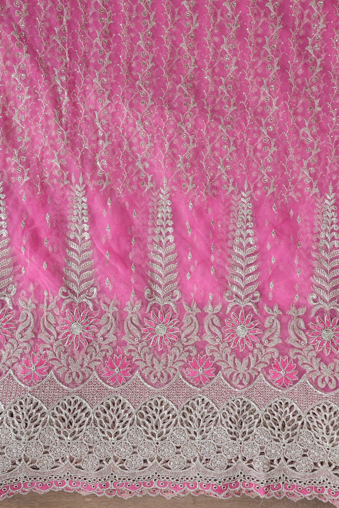 AIzaSyBcstauz-XMPRhEY21AUzeo032pxrXB5Ug - Big Width''56'' Pink Thread With Zari Traditional Embroidery Work On Pink Soft Net Fabric With Border