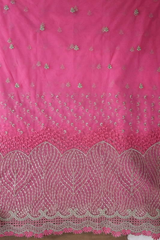 AIzaSyBcstauz-XMPRhEY21AUzeo032pxrXB5Ug - Big Width''56'' Pink Thread With Zari Traditional Embroidery Work On Pink Soft Net Fabric With Border