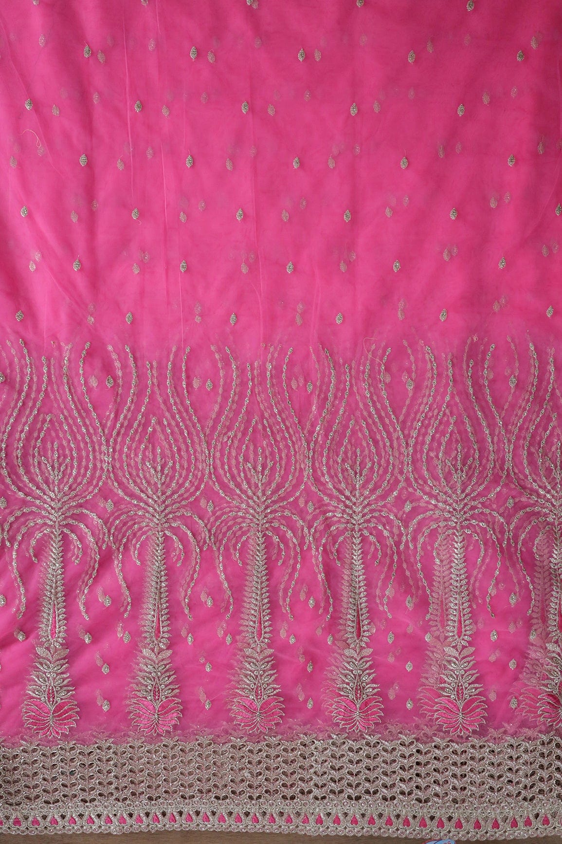 AIzaSyBcstauz-XMPRhEY21AUzeo032pxrXB5Ug - Big Width''56'' Pink Thread With Zari Traditional Embroidery Work On Pink Soft Net Fabric With Border