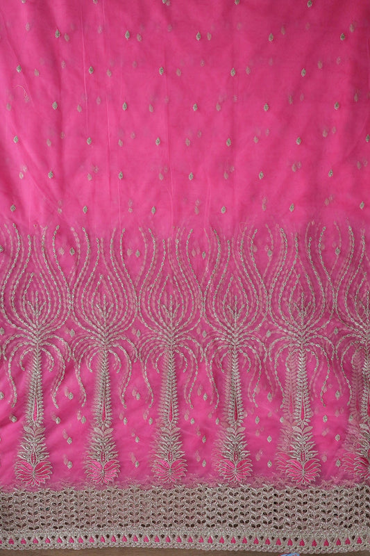 AIzaSyBcstauz-XMPRhEY21AUzeo032pxrXB5Ug - Big Width''56'' Pink Thread With Zari Traditional Embroidery Work On Pink Soft Net Fabric With Border