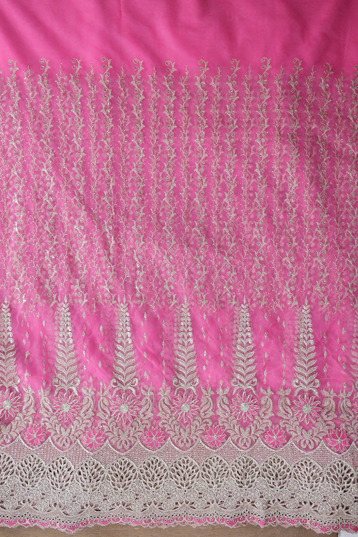 AIzaSyBcstauz-XMPRhEY21AUzeo032pxrXB5Ug - Big Width''56'' Pink Thread With Zari Traditional Embroidery Work On Pink Soft Net Fabric With Border