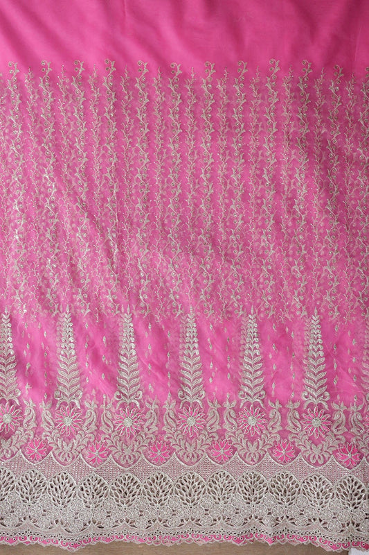AIzaSyBcstauz-XMPRhEY21AUzeo032pxrXB5Ug - Big Width''56'' Pink Thread With Zari Traditional Embroidery Work On Pink Soft Net Fabric With Border
