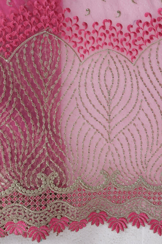 AIzaSyBcstauz-XMPRhEY21AUzeo032pxrXB5Ug - Big Width''56'' Pink Thread With Zari Traditional Embroidery Work On Pink Soft Net Fabric With Border