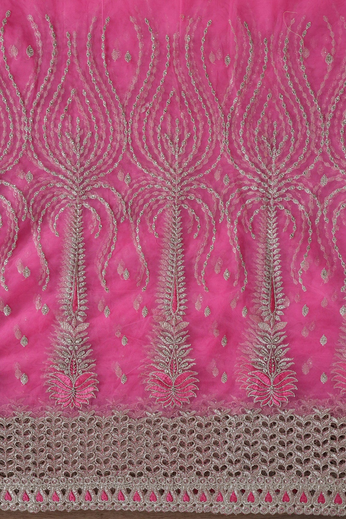 AIzaSyBcstauz-XMPRhEY21AUzeo032pxrXB5Ug - Big Width''56'' Pink Thread With Zari Traditional Embroidery Work On Pink Soft Net Fabric With Border