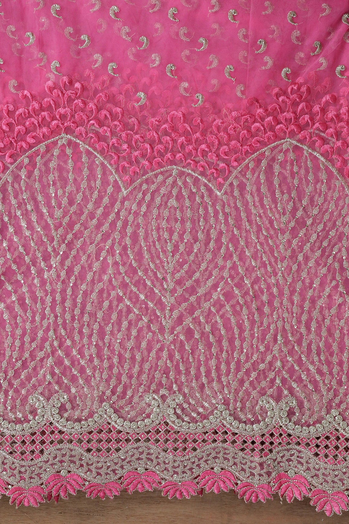 AIzaSyBcstauz-XMPRhEY21AUzeo032pxrXB5Ug - Big Width''56'' Pink Thread With Zari Traditional Embroidery Work On Pink Soft Net Fabric With Border