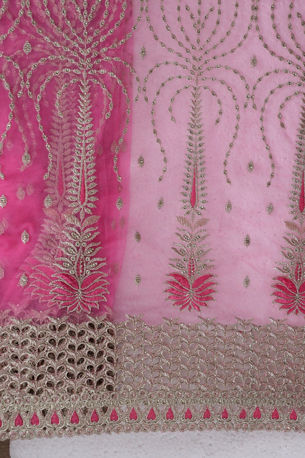 AIzaSyBcstauz-XMPRhEY21AUzeo032pxrXB5Ug - Big Width''56'' Pink Thread With Zari Traditional Embroidery Work On Pink Soft Net Fabric With Border
