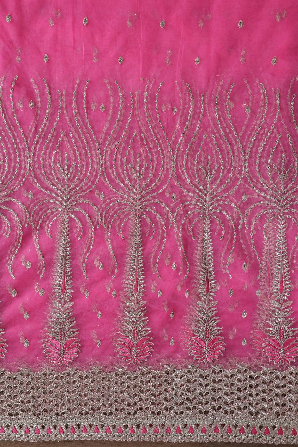 AIzaSyBcstauz-XMPRhEY21AUzeo032pxrXB5Ug - Big Width''56'' Pink Thread With Zari Traditional Embroidery Work On Pink Soft Net Fabric With Border