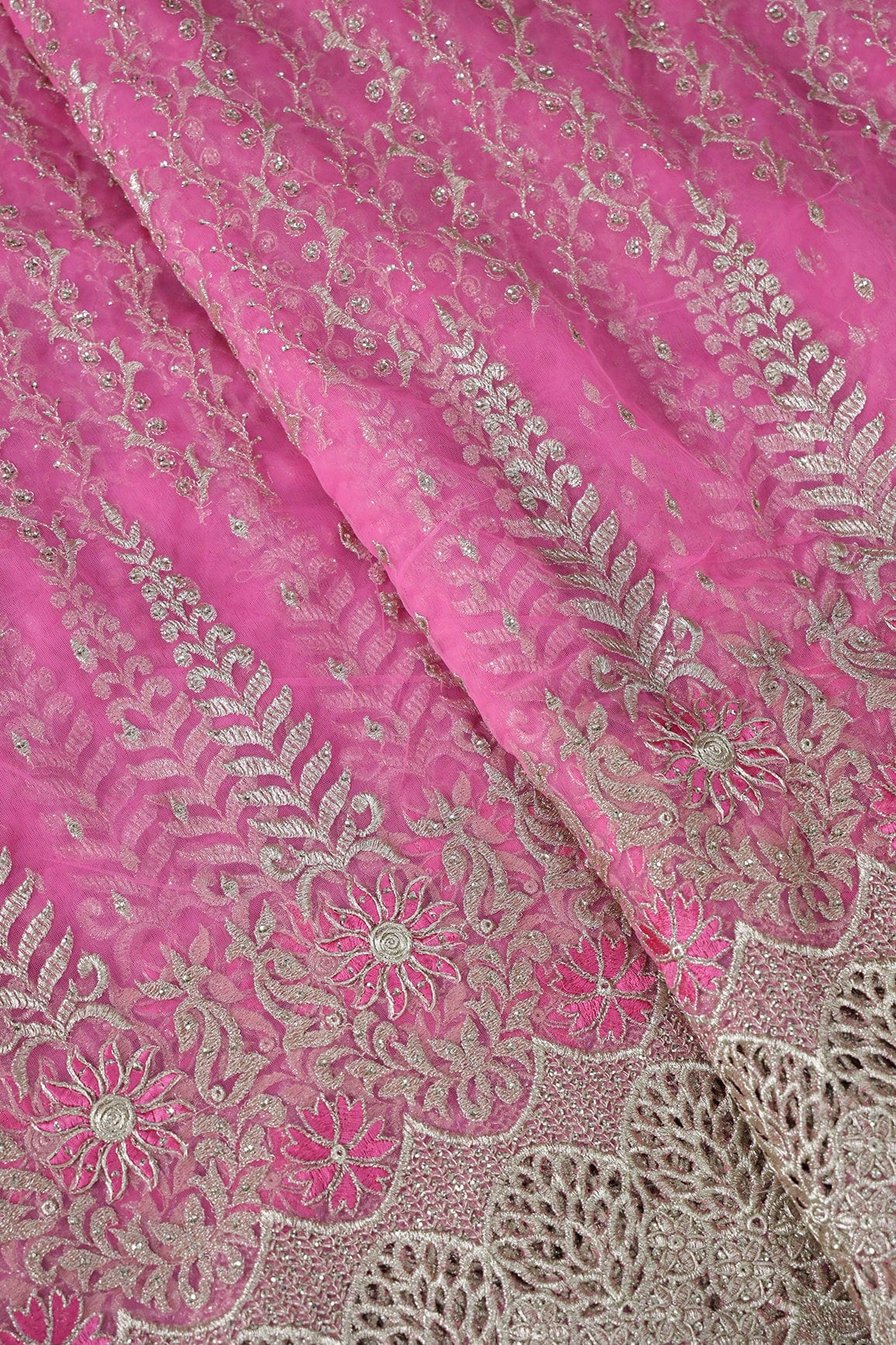 AIzaSyBcstauz-XMPRhEY21AUzeo032pxrXB5Ug - Big Width''56'' Pink Thread With Zari Traditional Embroidery Work On Pink Soft Net Fabric With Border