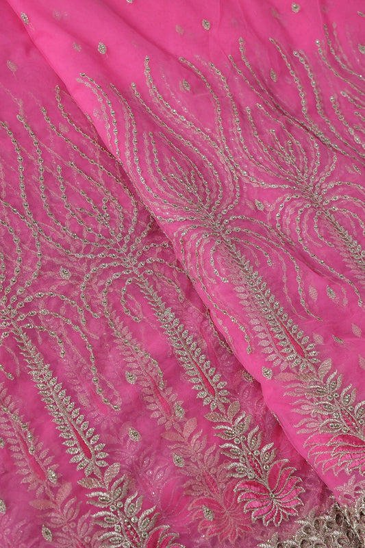 AIzaSyBcstauz-XMPRhEY21AUzeo032pxrXB5Ug - Big Width''56'' Pink Thread With Zari Traditional Embroidery Work On Pink Soft Net Fabric With Border