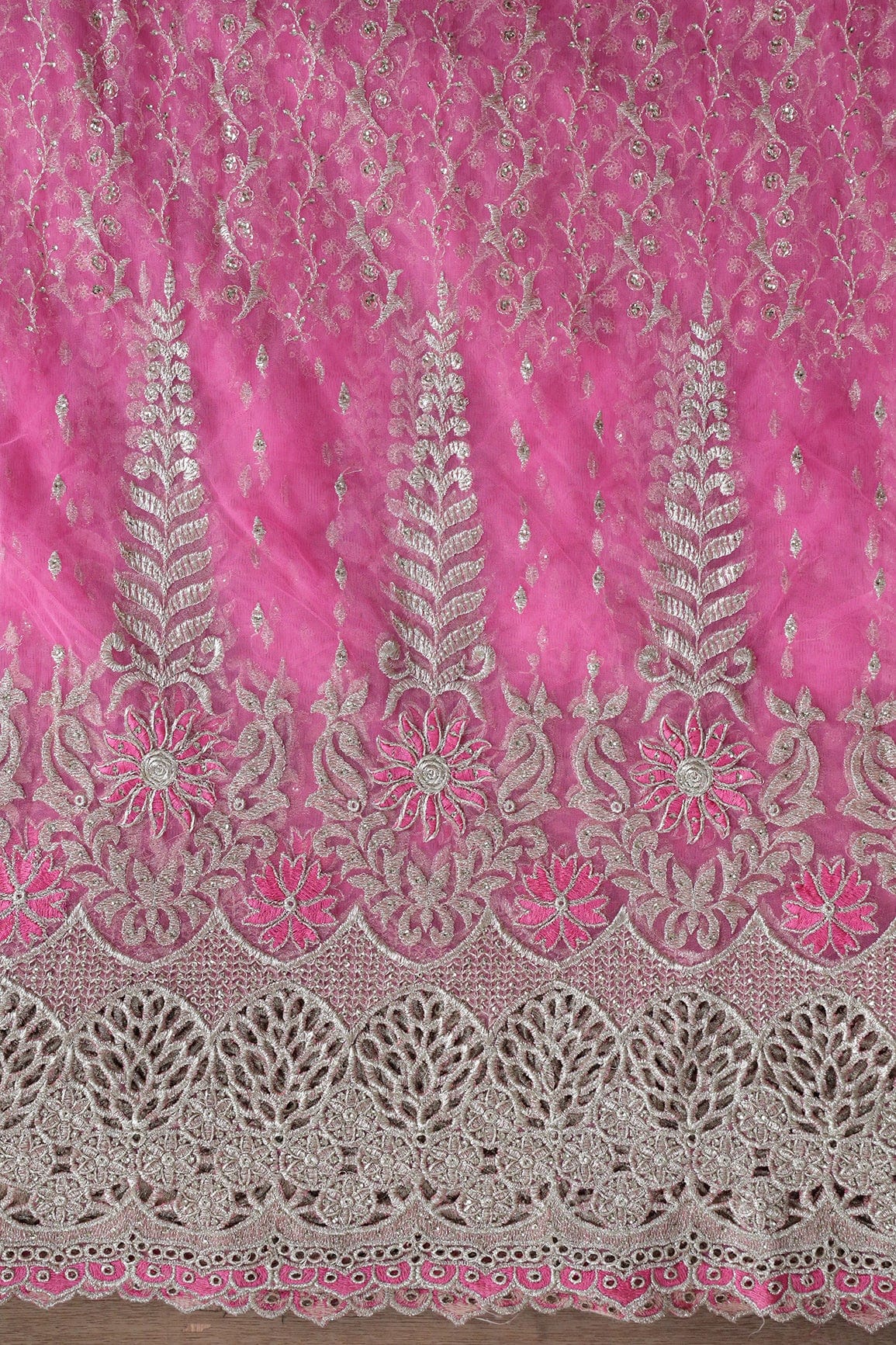 AIzaSyBcstauz-XMPRhEY21AUzeo032pxrXB5Ug - Big Width''56'' Pink Thread With Zari Traditional Embroidery Work On Pink Soft Net Fabric With Border