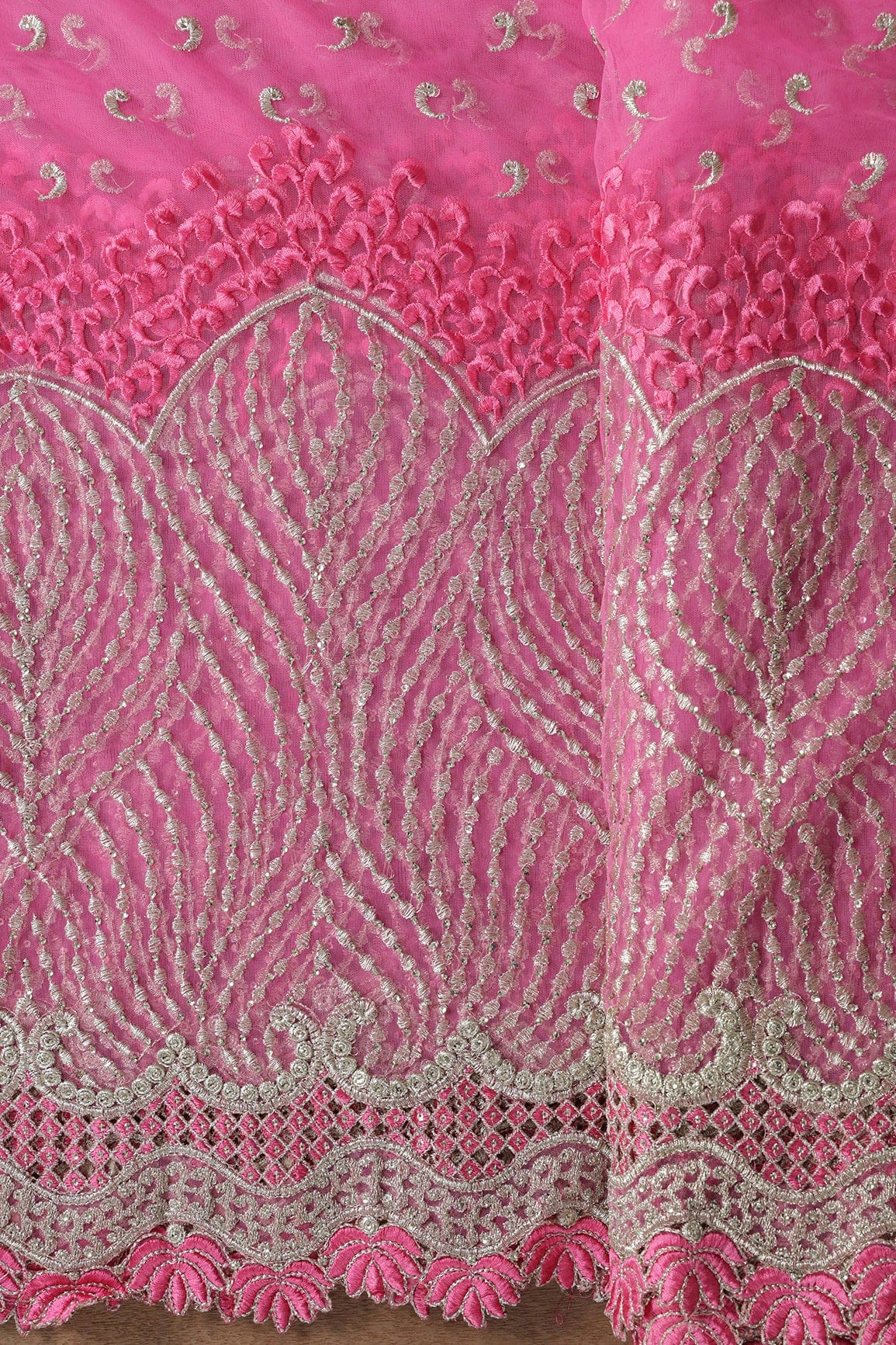 AIzaSyBcstauz-XMPRhEY21AUzeo032pxrXB5Ug - Big Width''56'' Pink Thread With Zari Traditional Embroidery Work On Pink Soft Net Fabric With Border