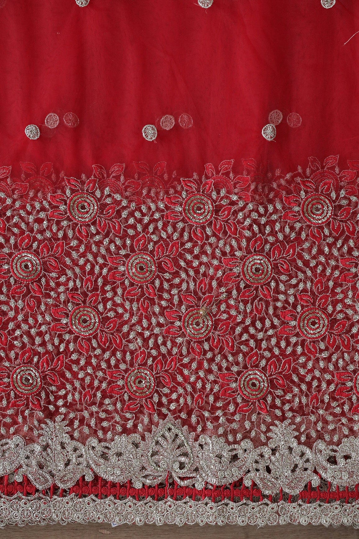 AIzaSyBcstauz-XMPRhEY21AUzeo032pxrXB5Ug - Big Width''56'' Red Thread With Zari Floral Embroidery Work On Red Soft Net Fabric With Border