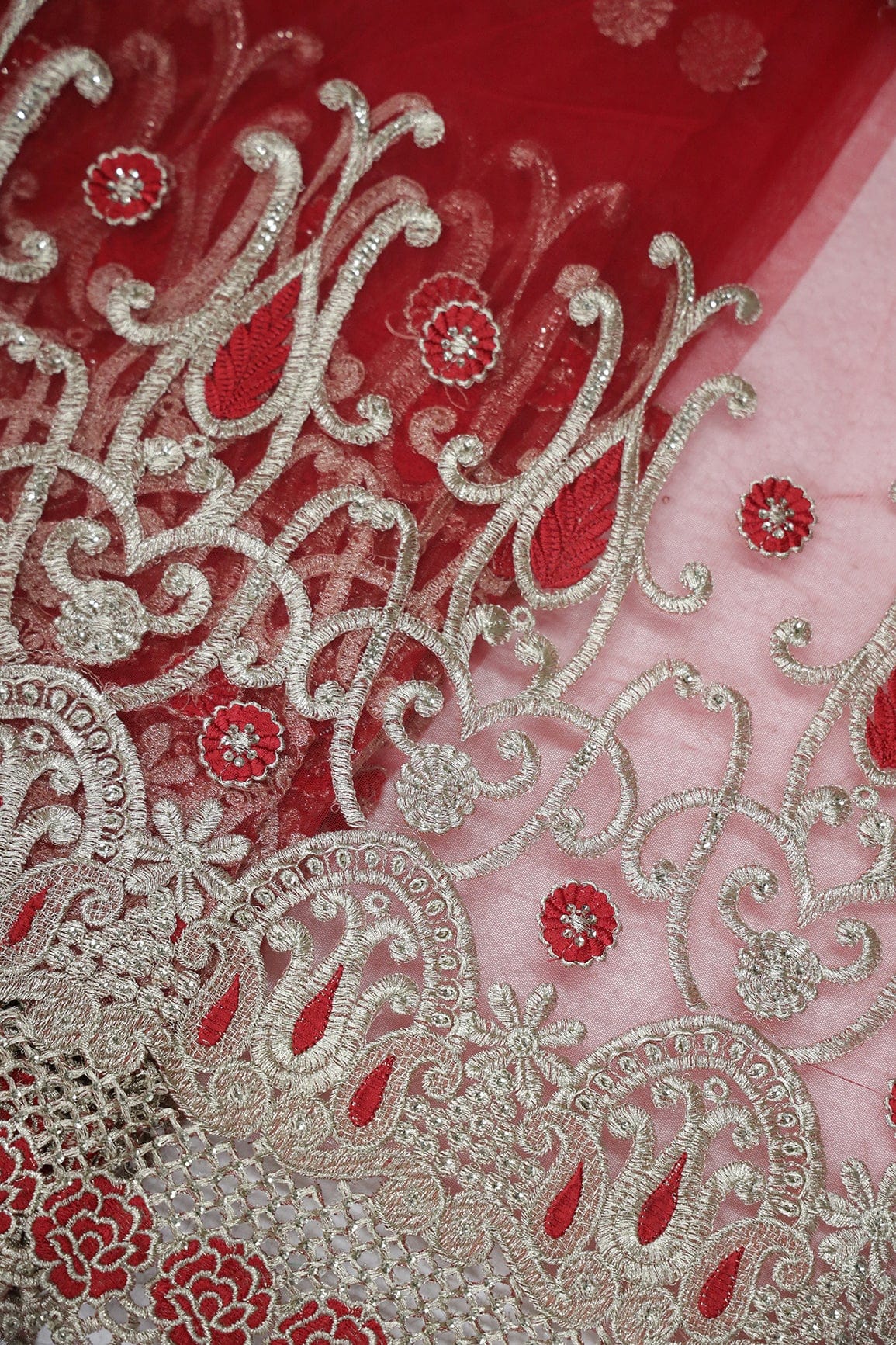AIzaSyBcstauz-XMPRhEY21AUzeo032pxrXB5Ug - Big Width''56'' Red Thread With Zari Traditional Embroidery Work On Red Soft Net Fabric With Border